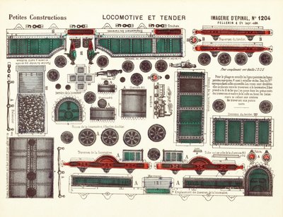 Utskårne design for et damplokomotiv og tender, ca. 1880 (farge litho) av French School