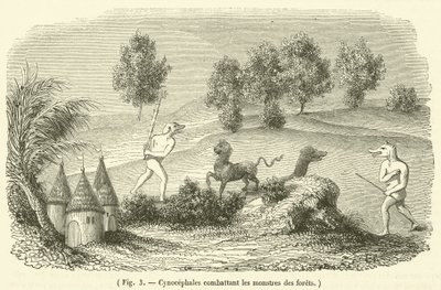 Cynocephales som kjemper mot skogsmonstre (gravering) av French School