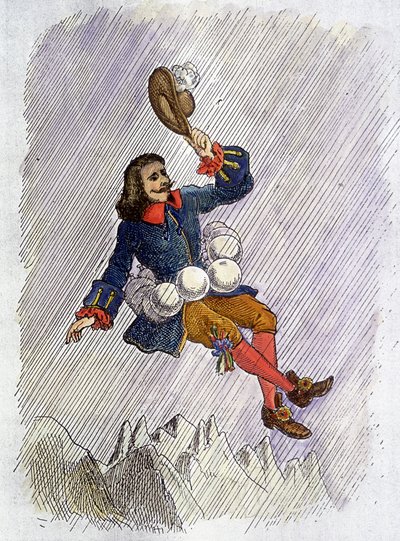 Cyrano de Bergerac i stand til ved sine hetteglass, illustrasjon av romanen av Cyrano de Bergerac: "" L'autre monde av French School