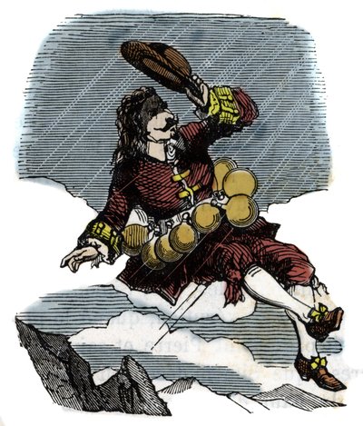 Cyrano de Bergerac reiser seg på himmelen takket være hetteglass med rosee og reise til månen, illustrasjon av romanen av Hercules Savinien Cyrano de Bergerac (1619-1655): "" Den andre verden" av French School