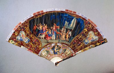 Skadet håndvifte i Vernis Martin-stil som viser Wedding of Nobility, svaneskinn med malt elfenbensbeskytterstokk, høyde 20,5 cm av French School