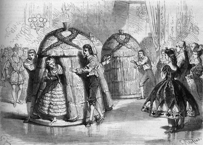Dance show at the costume ball given by the Impress Eugenie de Montijo: “The arrival of the hives””. Four bee dancers come out of the hives. Engraving in “” Le Monde Illustré”” n°305 of 14 February 1863. av French School