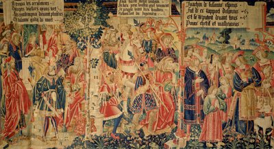 Daniel forhørte de eldste, de eldste førte til henrettelse og Susanna gråt på vei til rettssaken hennes, høyre panel fra Story of Susanna av French School