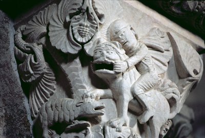 David Slaying the Lion (detail of a capital) c.1130 (stone) av French School