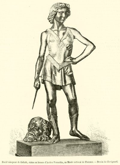David erobrer Goliat, bronsestatue av Andrea Verocchio, ved Nasjonalmuseet i Firenze (gravering) av French School