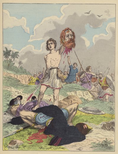 David med hodet til Goliat (farge litho) av French School