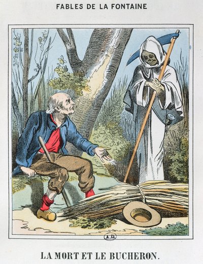 Death and the Woodman (farget gravering) av French School