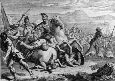 Death of Alaric II, 507: Clovis I (465-511), king of the Franks, killing Alaric II (484-507), king of the Visigoths, at the Battle of Vouille in 507. Engraving of the 18th century. av French School