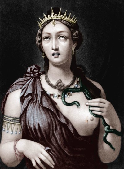 Død av Cleopatra VII, makedonsk dronning av Egypt (farget gravering) av French School