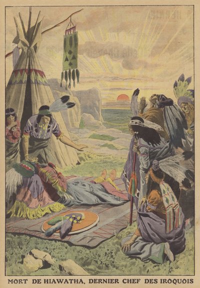 Hiawathas død, siste sjef for Iroquois (farge litho) av French School