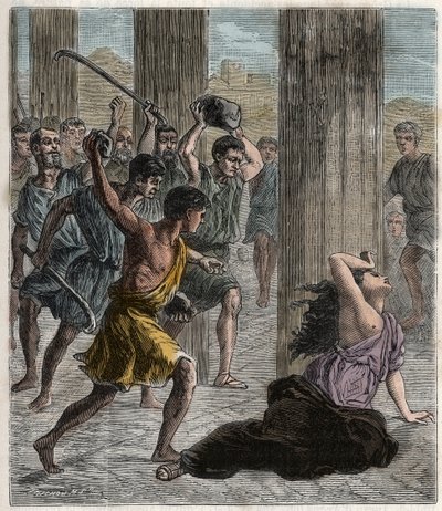 Death of Hypatia - Hypatia (c370-415) kvinnelig matematiker og filosof (neoplatonist) myrdet av tilhengere av Cyril, patriark av Alexandria - Death of hypatia (Hypatia) - Gravering i "" Vitenskap brakt til alle - fysikk og kjemi" b av French School