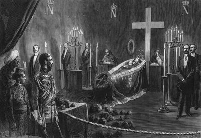 Napoleon IIIs død: restene av Napoleon III i det brennende kapellet i Camden House 14. februar 1873. av French School