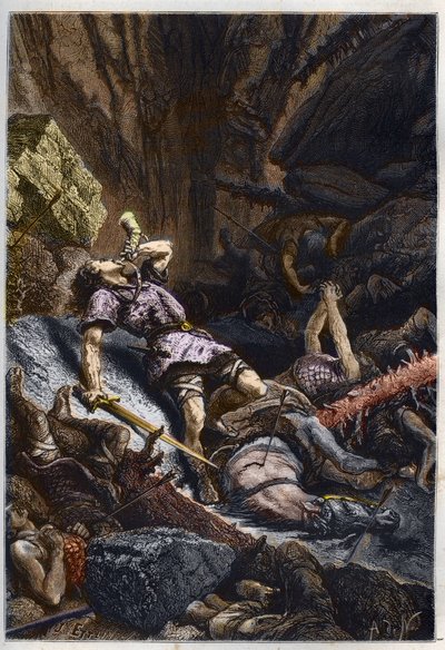 Død av Ridder Roland, nevø av Charlemagne, i slaget ved Roncevaux (778) mot Armee of Charlemagne og Saracens - Rolands død i slaget ved Roncesvaux Pass, 778 - gravering fra "" L