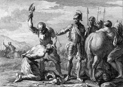 Decapitation of Syagrius, 486: execution of Roman General Siagrius (430-486) defeated in the Battle of Soissons by the troops of Clovis 1. Engraving of the 18th century. av French School