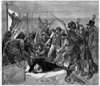 Decazeville (Aveyron) gruvearbeidere streiket i 1886: ingeniør Watrin ble myrdet av grevistene. Gravering i "" Le Monde Illustré", 6. februar 1886. av French School