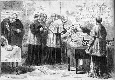 Deces of Pave Pius IX (Pio) (1792-1878): ritual for anerkjennelse av pavens død. En kardinal slår den avdødes panne med en sølvhammer. Gravering i "" Le Monde Illustré"" nr. 1089 av 16. februar 1878. av French School