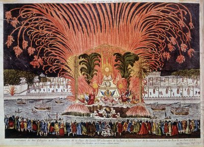 Dekorasjon av fyrverkeri og belysning av Place de Louis XV i anledning freden og innvielsen av rytterstatuen av kongen 22. juni 1763 av French School