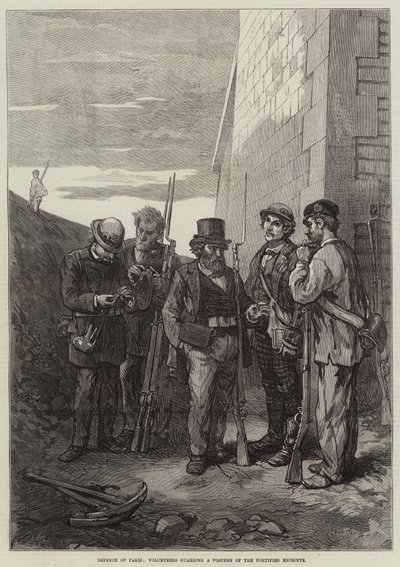 Defense of Paris, frivillige som vokter en plakat av den befestede enceinte (gravering) av French School