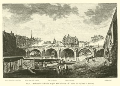 Riving av husene på Notre-Dame-broen i 1786, etter en akvarell av Demachy av French School