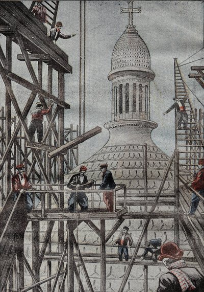 Demonstrasjon av stillas som avduker slutten på konstruksjonen av kuppelen til basilikaen i Montmartre. Gravering i "" Le Pelerin"" 17/12/1899. av French School