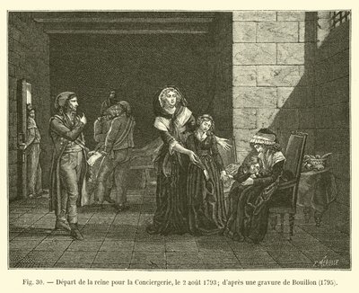 Dronningens avgang til conciergeriet, 2. august 1793; etter en gravering av Bouillon, 1795 av French School