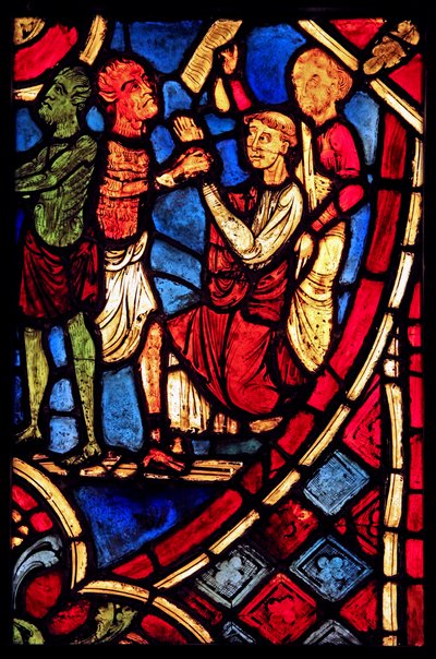 Å fremstille Theophilus inngår en avtale med en djevel; fra kirken Varennes-Jarcy (opprinnelig fra Abbey de Gercy?) av French School