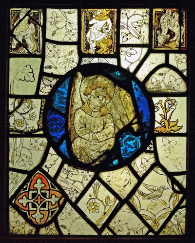 Fremstiller grisaille med grotesker og en engel; Normandie av French School