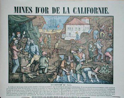 Skildring av gullgruvene i California, midten av 1800-tallet (farget gravering) av French School