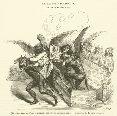 Siste scene av den fattige landsbyboeren, komedie fra det sekstende århundre (gravering) av French School