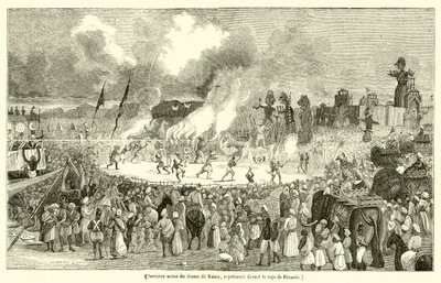 Siste scene i Rama-dramaet, representert foran rajaen til Benares (gravering) av French School