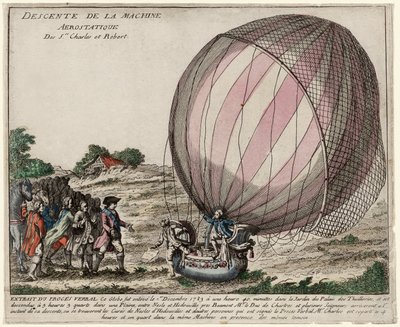 Nedstigning av Aerostatic Machine of Srs. Charles og Robert, pub. 1783 (håndfarget gravering) av French School