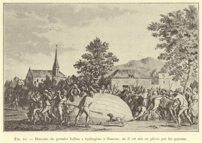 Nedstigning av den første hydrogenballongen til Gonesse, hvor den blir revet i stykker av bøndene (gravering) av French School