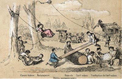 Beskrivelse av barns fritidsaktiviteter og leker: utelek, kort stokk, svinge, gynge (rumpebanking) og lage drage (flyvende drage). Tallerken "" les jeux de l