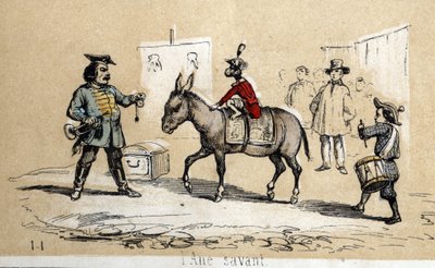 Beskrivelse av ulike produkter og bruk av esel: det lærde eselet brukes av sirkusartister. Plate "" Eselet og dets produkter"" i "" Les Recreations instructives"" Synoptisk maleri av Jules DELBRUCK, gravering fra 1860. Privat samling. av French School