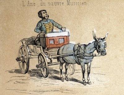 Beschreibung der verschiedenen Produkte und Verwendungen des Esels: das Tier begleitet den reisenden Musiker (Detail). Tafel „Der Esel und seine Produkte“ in „Die lehrreichen Erholungen“ Synoptisches Gemälde von Jules Delbruck, Gravur von 1860. Private Sam von French School