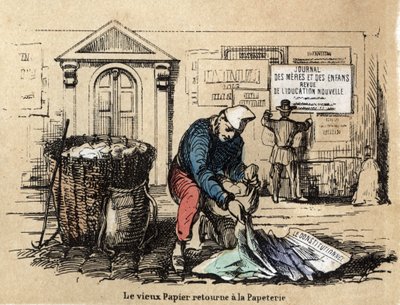 Beskrivelse av de forskjellige produktene og bruken av papir: gammelt papir tas opp for å bli fille igjen. Plate "" Le papier et ses produits"" i "" les Recreations instructives"" Synoptisk maleri av Jules Delbruck, gravering fra 1860. Privat samling. av French School