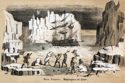 Beskrivelse av de ulike typer landskap og relieffer i henhold til geografi: detalj som viser et arktisk landskap med isbjørn, isfjell. Plate "" Physical Geography"" i "" les Recreations instructives"" Synoptisk maleri av Jules DELBRUCK, en av French School