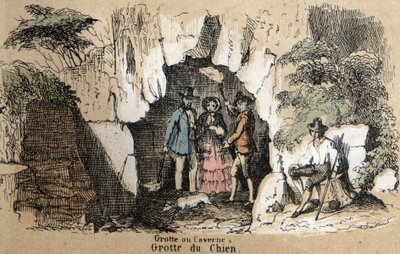 Beskrivelse av de forskjellige typer landskap og relieffer avhengig av geografi: detaljer som representerer besøkende i hundehulen. Plate "" Physical Geography"" i "" les Recreations instructives"" Synoptisk maleri av Jules DELBRUCK, gravering fra 18. av French School