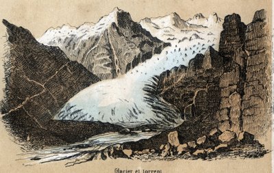 Description of the different types of landscapes and reliefs depending on the geography: detail depicting a glacier (or sea of ice) in a mountain range. Plate “” Physical Geography”” in “” les Recreations instructives”” Synoptic painting by Jules DELBRUCK, av French School