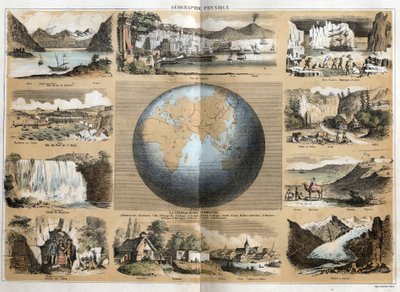 Description of the different types of landscapes and reliefs depending on the geography: in the center the Earth or globe with indications of the seas and oceans, continents, islands, mountain ranges, golves, caps, detroits and isthms. View of Lake Geneva, av French School