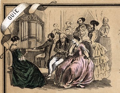 Description of the five senses: detail of the hearing, a concert of music during a social evening. Plate “” Les cinq sens”” in “” les Recreations instructives”” Synoptique painting by Jules Delbruck, engraving from 1860. Private collection. av French School