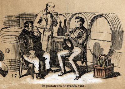 Description of the five senses: detail of the taste, the tasters of fine wines at the developpe palate savour glasses in a cellar. Plate “” Les cinq sens”” in “” les Recreations instructives”” Synoptique painting by Jules Delbruck, engraving from 1860. Pri av French School