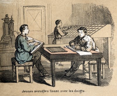 Description of the five senses: detail of touch, young blind boys use touch to decipher texts through the Braille alphabet, a tactile writing system. Plate “” Les cinq sens”” in “” les Recreations instructives”” Synoptique painting by Jules Delbruck, engra av French School