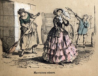 Description of the five senses: smell, a bourgeois clogging her nostrils so as not to smell the bad smells of manure and dung. Plate “” Les cinq sens”” in “” les Recreations instructives”” Synoptique painting by Jules Delbruck, engraving from 1860. Private av French School