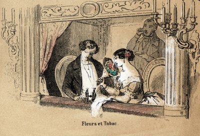 Beskrivelse av de fem sansene: lukt, tilskuere i en operahytte, badet i duften av blomster og tobakk. Tallerken "" Les cinq sens"" i "" les Recreations instructives"" Synoptisk maleri av Jules Delbruck, gravering fra av French School