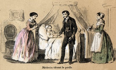 Beskrivelse av de fem sansene: berøring, en lege som tar pulsen til en syk jente. Plate "" Les cinq sens"" i "" les Recreations instructives"" Synoptisk maleri av Jules Delbruck, gravering fra 1860. Privat samling. av French School