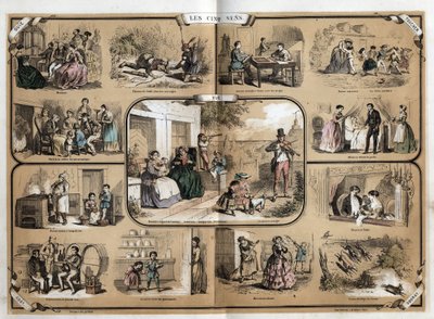 Beskrivelse av de fem sansene: syn, fra venstre til høyre og fra topp til bunn, hørsel, berøring, lukt og smak. Plate "" Les cinq sens"" i "" les Recreations instructives"" Synoptisk maleri av Jules Delbruck, graveri av French School