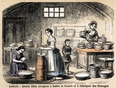 Beskrivelse av de ulike jobbene og saueproduktene: unge melkebønder som lager smør og oster i et meieri. Plate "" Les Moutons"" i "" les Recreations instructives"" Synoptisk maleri av Jules DELBRUCK, gravering fra 1860. Privat samling. av French School