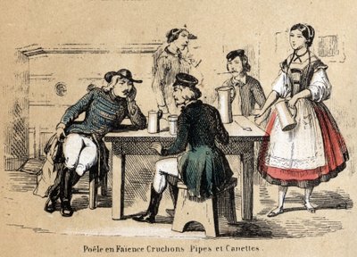 Beskrivelse av de ulike produksjonstrinnene og bruken av leire: leireprodukter (keramikkovn, kanner, rør og bokser). Plate "" Leiren og dens produkter"" i "" Les Recreations instructives"" Synoptisk maleri av Jules DELBRUCK, gravering fra 1860. Pr. av French School