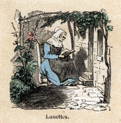 Beskrivelse av de ulike produksjonstrinn og bruk av glass: bruk av briller. Plate "" Glass and its products"" i "" Les Recreations instructives"" Synoptisk maleri av Jules DELBRUCK, gravering fra 1860. Privat samling av French School